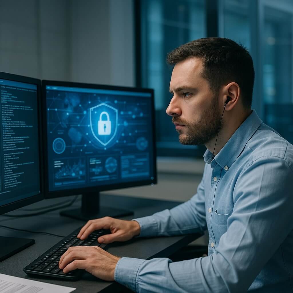 Please make a clear and realistic featured image with this What Does a Network Security Professional Do as if the image were square in size and without text